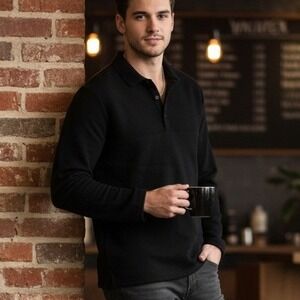 Peter Werth London Small $125 Black Mixed Knit Chessum Long‎ Sleeve Polo Shirt